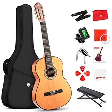 Vangoa Guitarra Clásica Starter Set 4/4, Guitarra Clásica Española, Guitarra Acústica, Material De Sapeli De Pino Rojo, Con Cuerdas De Nylon, Con Estuche, Pedal, Afinador De Guitarra