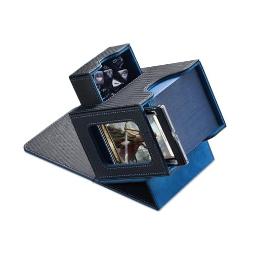 Mage Tech Card Commander Deck Box para MTG - Diseño patentado, expositor de Commander, capacidad para 100 cartas de doble manga, tarjetero magnético de 35pt y bandeja para dados - negro/azul