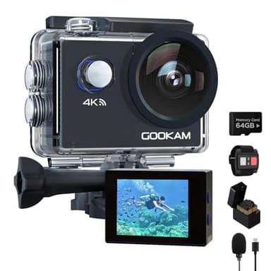 GOOKAM Cámara Deportiva 4K WiFi 20MP con 64G Tarjeta Cámara Acción Sumergible 40M Camara Acuática 170° Gran Angular 2.4G Remoto y Micrófono Externo con 2 Baterías de 1050mAh y Accesorios Multiples