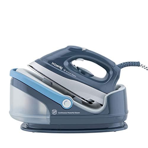 H.Koenig V5i Centro de Planchado 2400W, 100 g/min, 6 Bares, Plancha con Suela de Cerámica, Depósito de Agua extraíble 1.7L, Autonomía Ilimitada, Control Manual de la Temperatura, Azul