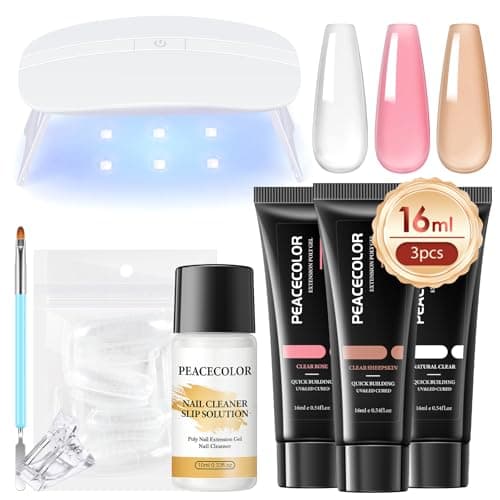 PEACECOLOR Gel Extensión de Uñas Kit 8PCS, 3*16ml Poly Gel Para Uñas Con Lampara Uñas y Slip Solution, Kit Uñas de Gel con Rosa, Blanco, Nude para DIY para Principiante en Casa