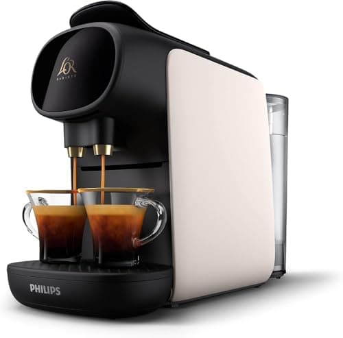 Philips L'Or Barista Sublime - Cafetera Espresso de Cápsulas, 19 Bares de Presión, Para cápsula Simple y Doble, Doble salida para 1 o 2 Tazas, Inlcuye kit de Degustación, Blanco satinado (LM9012/00)