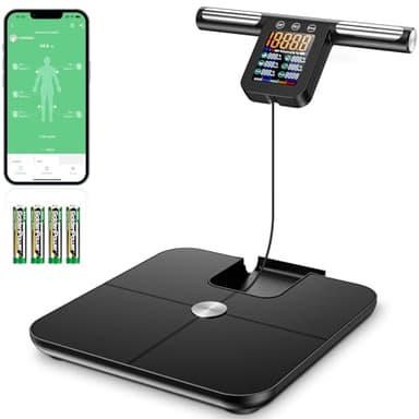 Onherm Báscula de Peso Corporal, 8 Electrodos Bascula Bioimpedancia, Con pantalla LCD HD y Mango Retráctil, Bascula de Baño mit APP, 32 Datos de Medición para Medir la Grasa Corporal, el BIM, etc.