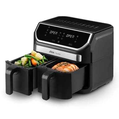 Ufesa Thunder Freidora de Aire sin Aceite con 2 Cubetas, 9L (4,5L + 4,5L), 11 Programas, 1700W, Control Digital, Temporizador, Temperatura 80ºC - 200ºC, Anti-Adherente, Exclusivo Amazon