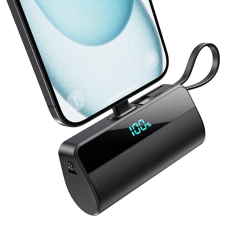 Mini Bateria Externa para iPhone, 5500mAh Cargador Portátil con Cable USB C Integrado 20W PD Carga Rapida Power Bank Compacto Powerbank con Pantalla LCD Compatible con iPhone 16/15/14/13/12/11/X/8/7/6