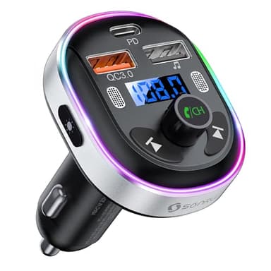 SONRU Transmisor FM Bluetooth 5.3 para Coche, Manos Libres Inalámbrico Reproductor MP3 Coche, QC3.0&PD 30W Tipo C Carga Rápida, Doble Mics+Carcasa de Metal, Soporte USB y Flash Drive