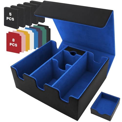 Caja Cartas Magic para 2200+ Cards,Caja para Cartas Mtg Commander,Card Deck Box Caja de Cuero MTG con 8 Divisores de Cartas Compatibles y 1 Bandeja para Dados,para TCG Magic,Cartas de Deporte(Azul)