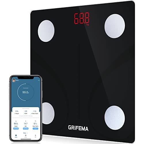 GRIFEMA, GA2001 Bascula de Baño Digital Grasa Corporal, Bluetooth Inteligente con Aplicación MovingLife, 13 funciones de monitoreo corporal, Máximo 150kg, Negro