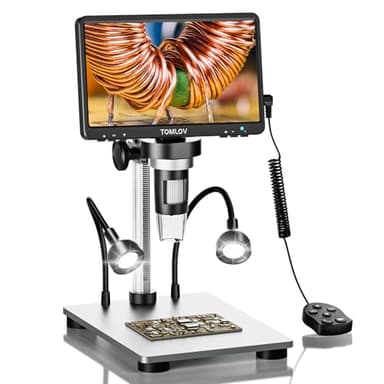 TOMLOV DM9 7" LCD Microscopio Digital 1080P, Cámara de Magnificación 1200X para Piezas con Pantalla HD, 12MP Enfoque de Ultra Precisión, Soporte Metálico, Luz LED, Compatible PC/Windows/Mac OS, 32GB