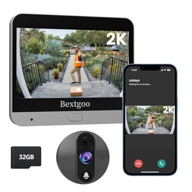Bextgoo 2K HD Mirilla Digital Puerta WiFi con Tarjeta 32GB, Videoportero WiFi con Mirilla Digital Puerta WiFi Grabadora, Batería 8000mAh, 170° Visión, Detección Humanoide AI, Audio Bidireccional