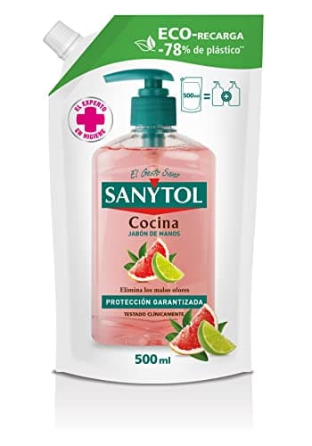 Sanytol - Eco Recarga Jabón de Manos de Cocina, Aroma Pomelo y Limón, Elimina los Malos Olores, Protección Total Contra Agentes Externos, Envase de Alta Resistencia - 500 ml