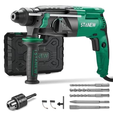 Taladro Percutor con cable SDS Plus 950W STANEW, Martillo perforador con 0-1150RPM/5100BPM con 4 funciones y embrague de seguridad, mango giratorio de 360°, velocidad variable, hormigón, acero, madera