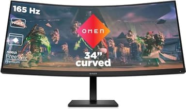 HP OMEN 34c– Monitor Gaming de 34" WQHD (3440 x 1440 a 165 Hz, 21:9, 1ms HDMI Antirreflejo, AMD FreeSync Premium Compatible con Consolas, 1500R, Altavoces, Curvo, Altura e inclinación Ajustable) Negro