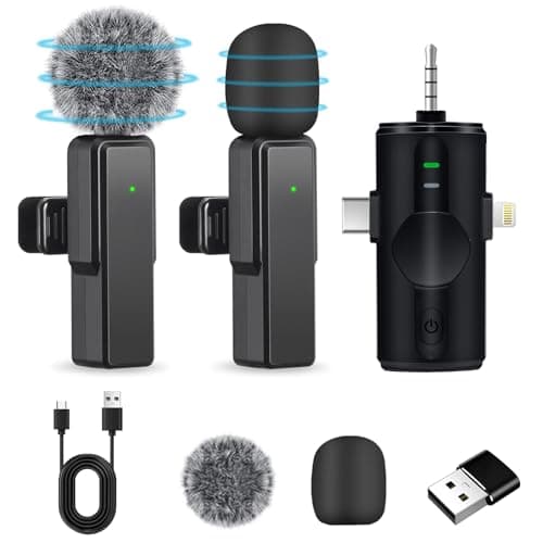 Micrófono-Lavalier-Inalámbrico, Microfono de Solapa 4 en 1 Mini Micrófono Inalámbrico Teléfono Móvil para iPhone/Android/PC, Microfono Plug-Play Inalambrico para Grabaciones TikTok Transmisión en Vivo