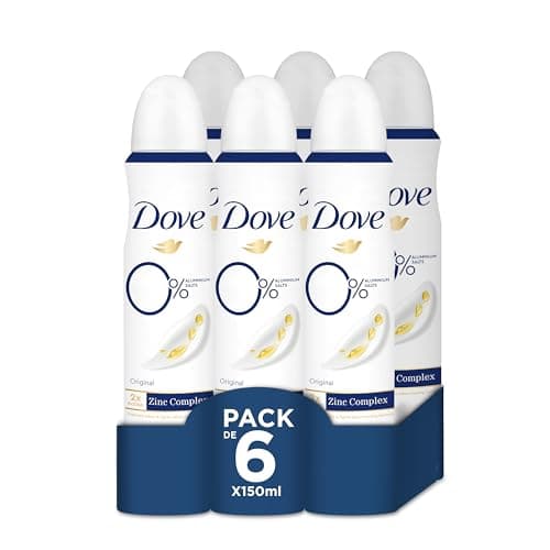 Dove 0% Desodorante Aerosol 48 h Original Sin Aluminio Ni Alcohol para Mujer con Protección Antibacteriana Zinc, 150 ml, Pack de 6 Unidades