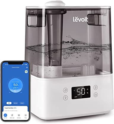 LEVOIT Humidificador Ultrasónico 6L de Aromas, Top-Fill, Dura 60H a 47m², Silencioso<26dB, Modo Auto, Compatible con Alexa y APP, LED Pantalla y Luz Nocturna, Gris (Classic 300S)