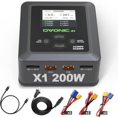 OVONIC Lipo Cargador 200W 15A AC200W DC300W Cargador de Equilibrio Dual para 1-6S Li-Ion NiCd NiMH LiHV RC Batería RC Modelos (X1)