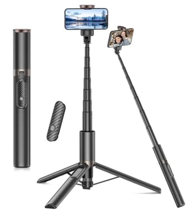 TONEOF 153cm Palo Selfie Trípode para Movil, Palo Tripode Giratorio de 360° Mejorado, Tripode Movil Extensible Todo en 1 Hecho de Aluminio con Control Remoto para iPhone y Android-Negro Oro