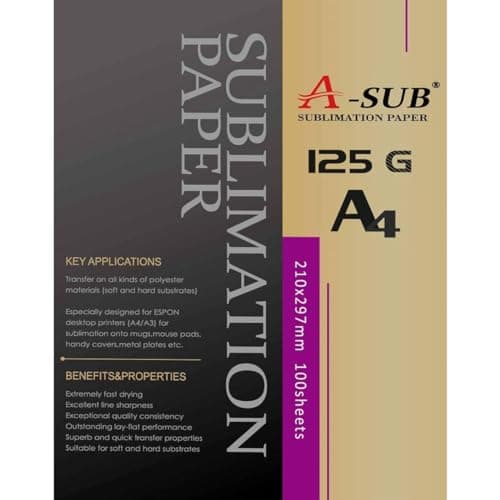 A-SUB Papel de sublimación A4, 210x297 mm, 100 hojas, 125 g/m², Compatible con la impresora de sublimación EPSON, SAWGRASS, RICOH, BROTHER