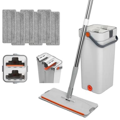Mopa para Limpiar Azulejos y Paredes Mopa Fregona con Cubo Escurridor Palo 155 CM Fregona Autoescurrible Mopas de Limpieza Suelos Cepillo 6 Almohadillas Microfibra Limpiador y Atrapa Polvo Mop