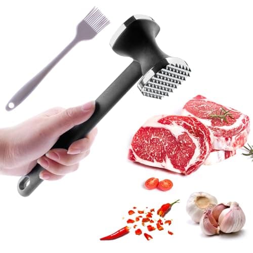 PUWOWYE Martillo Carne, Ablandador de Carne de Doble Cara, Mazo para Carne, Martillo Cocina para Bistec, Pollo, Pescado, Cerdo, con Pincel Cocina Silicona