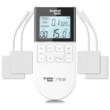 Boston Tech® Electro estimulador Muscular | 3 en 1: TENS + EMS + Fitness | Alivio eficaz del Dolor + Entrenamiento | 2 Canales + 50 Modos + 16 Niveles de Intensidad + Incluye Estuche + 4 Electrodos