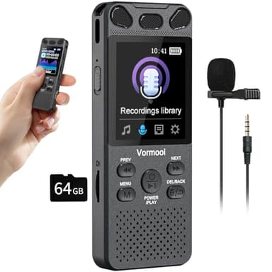 96GB Grabadora de Voz Digital, 110H Grabadora de Audio Profesional con 2,15" Pantalla Color & Micrófono Externo, Vormooi USB C Grabadora MP3 Portátil Activación por Voz para Estudio Reuniones Clase