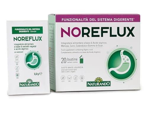 Naturando Noreflux Complemento Alimenticio contra el Reflujo Ácido con Acido alginico, Goma guar, Melisa, Carvi y Caléndula - 20 Sobres sin lactosa y vegano