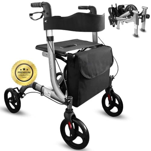OrtoPrime Andador para Ancianos con ASIENTO Andadores Adultos Andador Rollator de 4 RUEDAS PLEGABLE mejor Andador Aluminio con FRENO Y RESPALDO Andador 4 Ruedas PORTABASTÓN Caminadores para Mayores