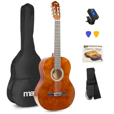 MAX SoloArt Guitarra clasica con cuerdas de nailon para Principiantes Adultos - guitarra flamenca con Funda, Afinador, Púa, Correa y Accesorios Guitarra Española 4/4 en Madera Natural Oscura