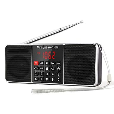 PRUNUS J-288 Radio Portatil Pequeña FM Am con Altavoz estéreo Bluetooth, Radio Digital Portatil, Bateria Recargable, Temporizador de Apagado, estación de Bloqueo, USB/TF/AUX Reproductor de MP3-Negro.
