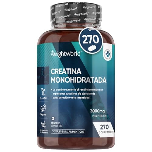 Creatina Monohidratada 3000mg - 270 Comprimidos - Para Masa Muscular Aumento Rápido, Fuerza y Resistencia Física en Entrenos - Suplemento Deportivo Potenciador para Hombre y Mujer, Vegano y Sin OGM