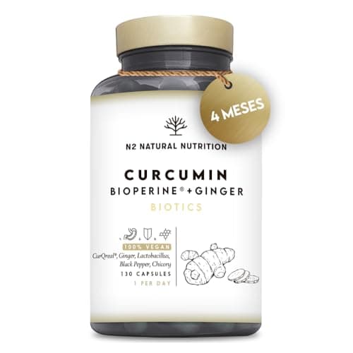 Curcuma con Jengibre y Pimienta Negra 10.000mg. 130 días. PROBIOTICOS + Curcuma CurQreal® con Bioperina®. Antiinflamatorio Natural. Formula Patentada. Cápsulas Veganas. N2 Natural Nutrition