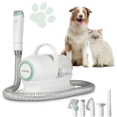 H.Koenig PAW400 Aspirador Cortapelos para Mascotas, Todo Tipo de Pelos de Perros y Gatos, Aspirador, Pinzas y Cepillos, 9 Accesorios, Depósito Extraíble de 1L, 3 Velocidades de Succión, Blanco