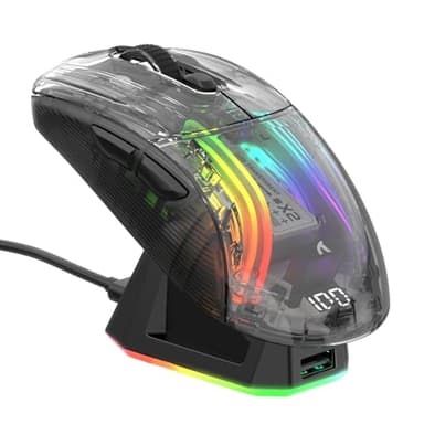 ATTACK SHARK X2 Pro Ratón inalámbrico Gaming con Estación de Carga, Ratón Bluetooth Mudo Recargable, 3 Modos(BT5.0/2.4Ghz/Tipo C) 4000 dpi RGB Ratón con Caparazón Transparente, PC/Mac/Portatil, Negro