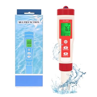OBEST Medidor cloro y ph piscinas 5 en 1, PH Cloro ORP H2 Temperatura, probador de agua piscina,comprobador de agua portátil con pantalla LCD, para agua potable, piscina, laboratorio