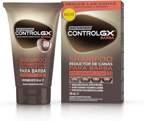 Just For Men Control GX Champú y Tinte Para Barba, Reduce Gradualmente El pelo Gris en Cada Lavado Para Resultados Sutiles Y Naturales, Para Todos Los Tonos, 118 ml