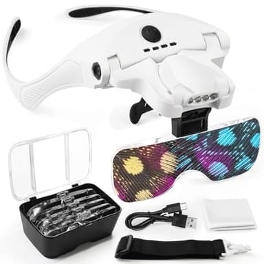 AUTOPkio Gafas Lupa con 4 Luz LED, USB Recargable Lentes de Aumento 5 Lentes 1.0X, 1.5X, 2.0X, 2.5X, 3.5X para Reparaciones, Coser, Joyería
