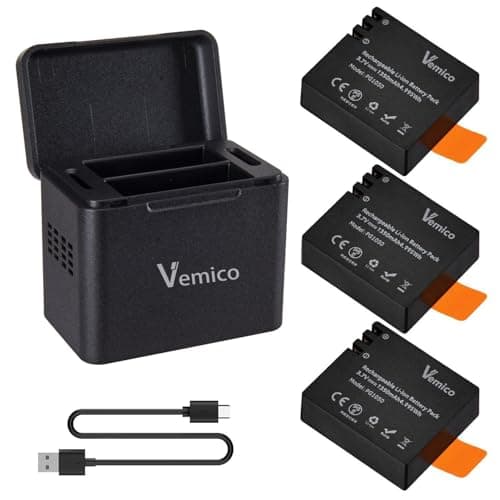 Vemico Action CAM Batería 3 x 1350mAh PG1050 Batería con USB Dual Cargador Compatible con Action CAM/Sjcam/Apexcam/Victure/Campark/Akaso/Apeman/Nilox/Crosstour (Negro)