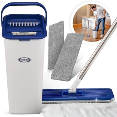 CleanAid Formosa 2 - Kit de mopa y Cubo - Cabezal Plano de 360 °, cubeta para la mopa Compacto con escurridor, Mango Extra Largo de Acero Inoxidable de 155 cm - para Superficies Lisas