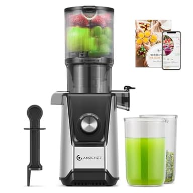 AMZCHEF 200W Licuadora prensado en frio - Licuadora de chunte de 108MM para verduras y frutas entera - Silencioso extractor de zumos y verduras antigoteo con función inversa y filtro de doble capa