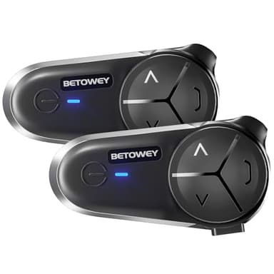 BETOWEY Intercomunicador Casco Moto BT-S5, Bluetooth V5.3, Multitarea de Audio, 2 Tipos de Micrófono y Auriculares, para 10 Motociclistas, 2 Piezas