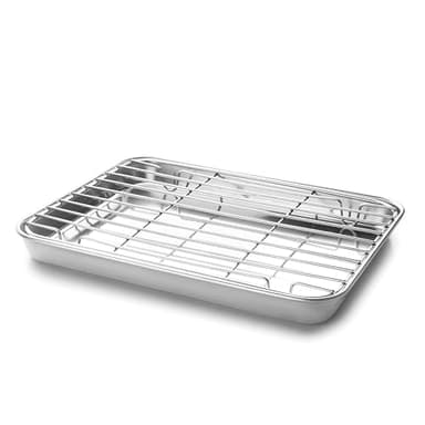 Lacor - 15566 - Bandeja con Rejilla Essential, Acero Inoxidable, Alta Conductividad Térmica, Apta para Horno, Apta para Congelador, 26.5x20.5x2.5 cm