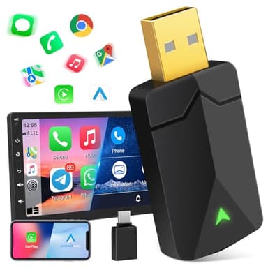 Adaptador Inalámbrico 2 en 1 para CarPlay y Android Auto, Convierte Conexión por Cable a Inalámbrica, Fácil de Conectar y Usar, USB C/A, Mini y Estable, Compatible con iOS 10+ y Android 11+