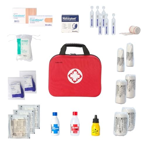 FERRETELIX® Botiquin neceser primeros auxilios con dotacion 25 cm x 20 cm x 8 cm Completo Emergencia, Para Viaje y Acampada, Coche, Supervivencia, Excursión, Montaña, Senderismo, Aventura, Rojo.