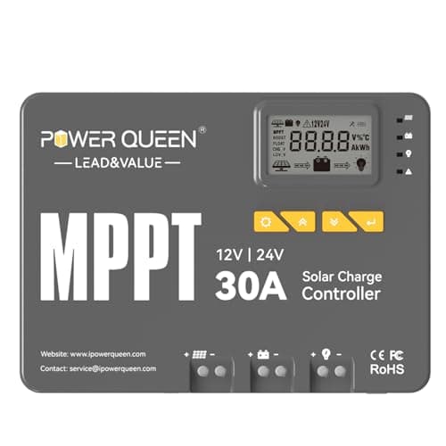 Power Queen Regulador de carga solar MPPT de 12/24 V, 30 A, potencia de entrada máxima de 900 W, módulo Bluetooth integrado, pantalla LCD, estándar para batería LiFePO4 y compatible con baterías de