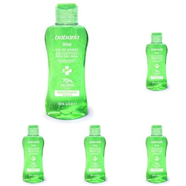Babaria - Gel de Manos Antiséptico Aloe, Gel de Manos Desinfectante, con Aloe y Jojoba, Protege, Cuida e Hidrata la Piel, con Perfume Floral, 70% de Alcohol, Sin Aclarar - 100 ml (Paquete de 5)