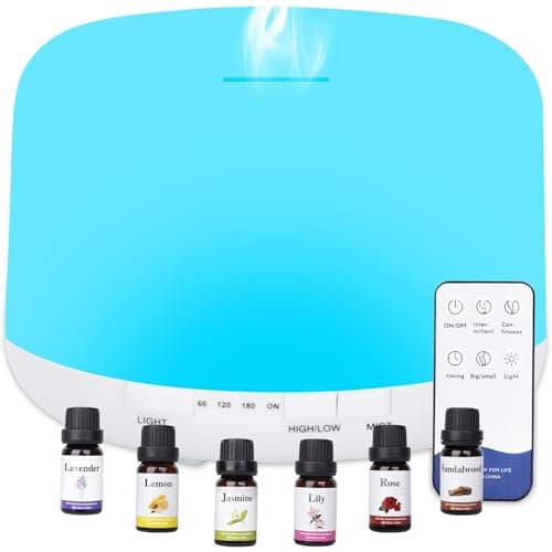 500ML Difusor de Aceites Esenciales con 6 * 10ml Aceite Esencial y Control Remoto, Sin BPA Difusor Aceites Esenciales, Humidificador Ultrasónico con 7 Colores LED, Apagado Automático,Blanco