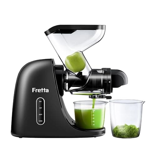 Fretta Licuadora prensado en frío,Extractor de zumos y verduras,Cold press slow juicer machine tolva de 3pulgadas,Motor Silencioso y Función Inversa,SinBPA, fácil de limpiar (Negro)