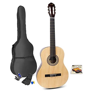MAX SoloArt Guitarra clasica con cuerdas de nailon para Principiantes Adultos - guitarra flamenca con Funda, Afinador, Púa, Correa y Accesorios - Guitarra Española 4/4 en Madera Natural